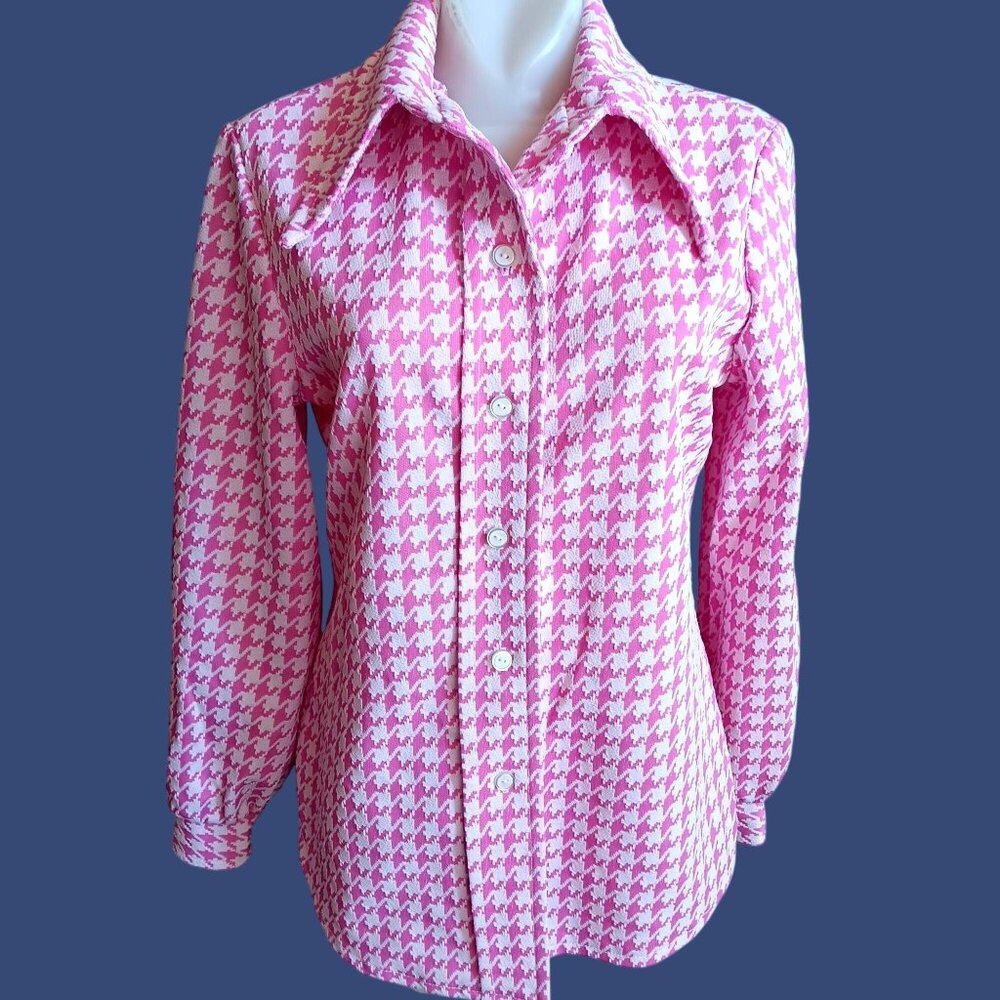Vintage Women's Texas Granny Pink Houndstooth Button-Up Shirt Big Mod Collar